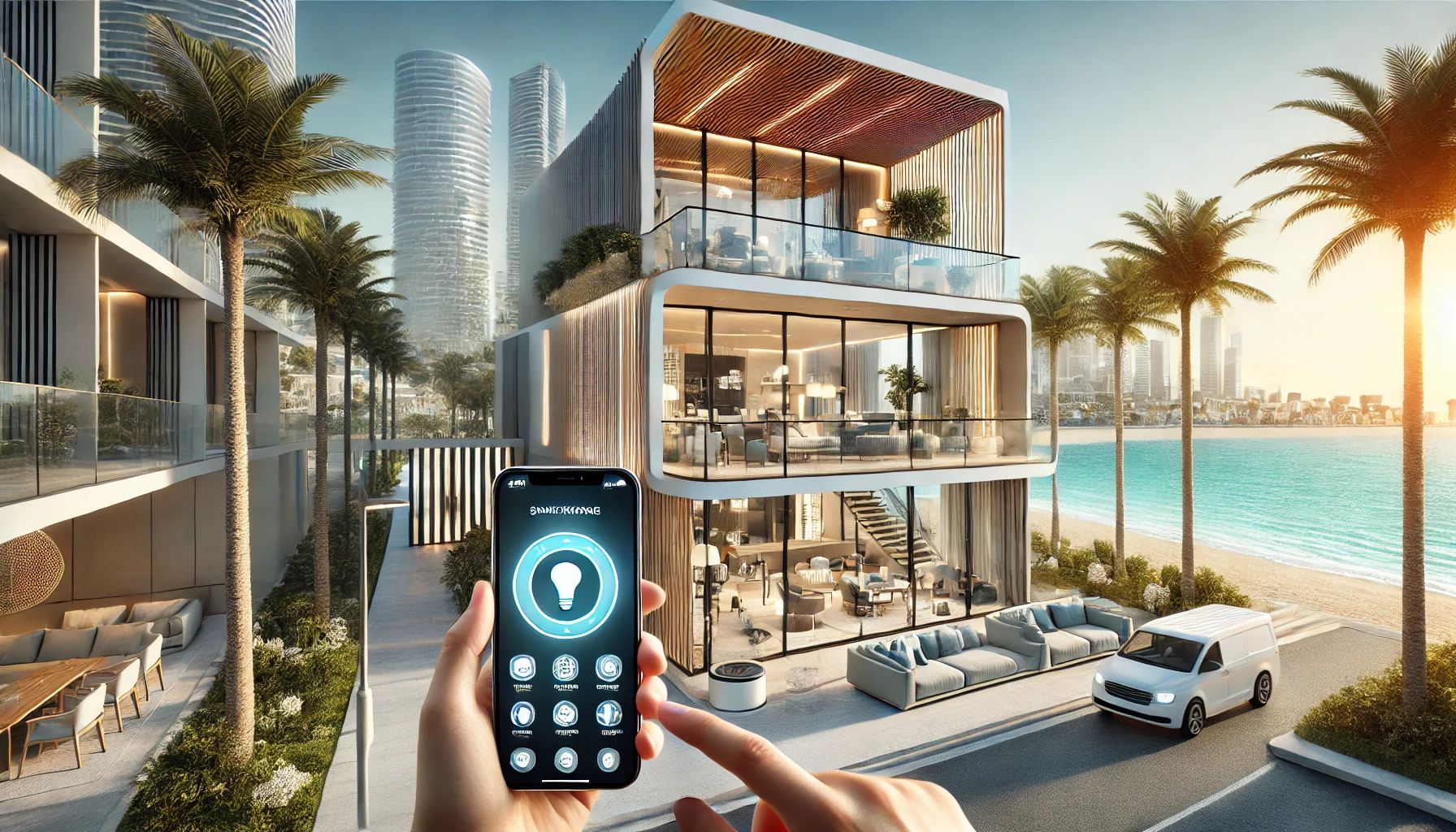 این تصویر خانه‌ای هوشمند و لوکس در یک محیط ساحلی مانند کیش را نشان می‌دهد.